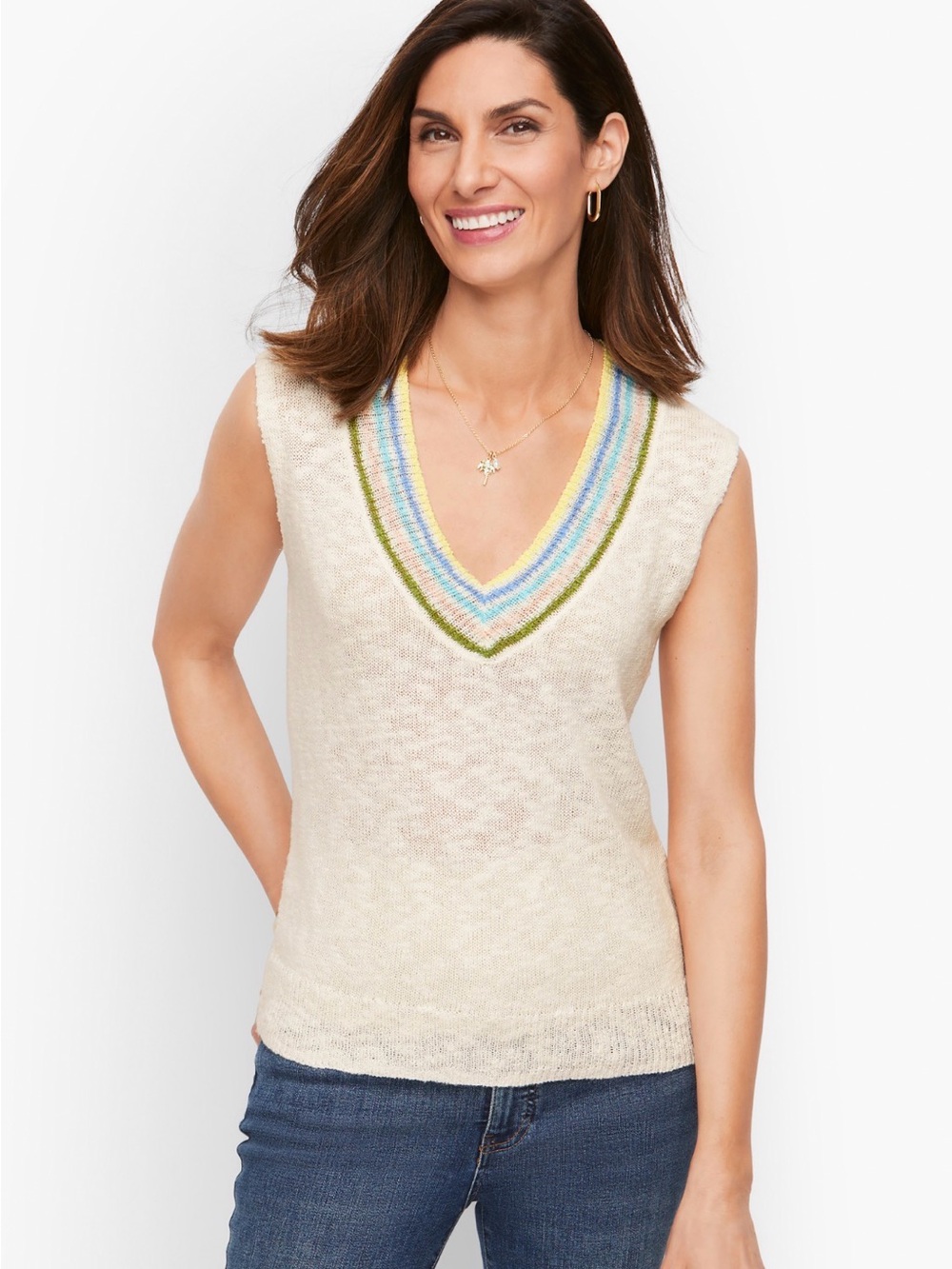 Talbots Cotton Linen Blend Tipped V-Neck Sweater Vest Coastal Preppy Size XLP